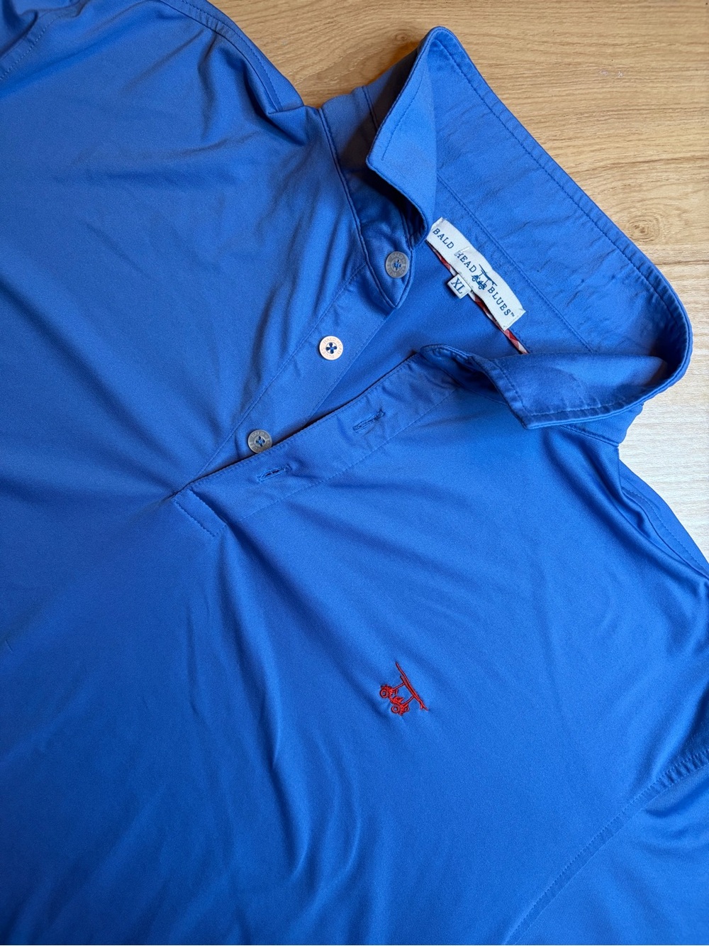 Bald Head Blues Mens Blue Performance Golf Polo Shirt XL Red Gingham Trim